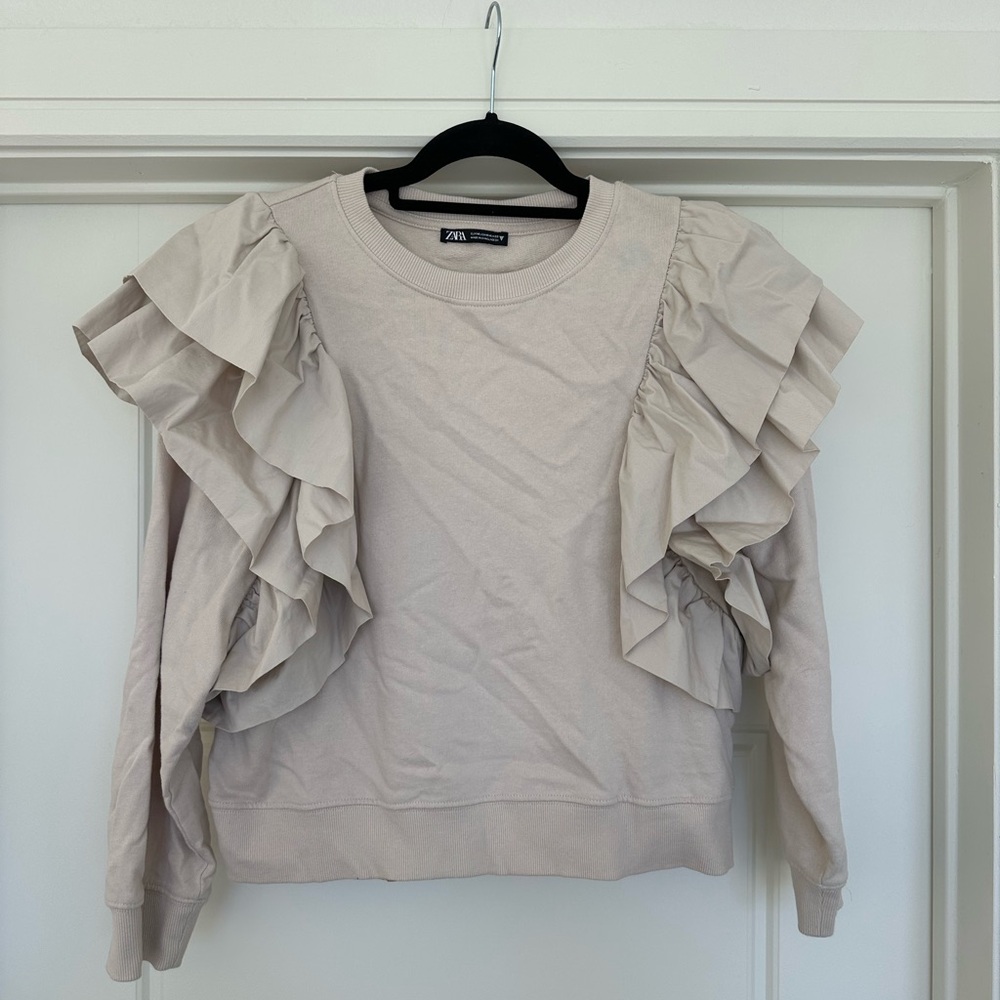 Zara Beige Ruffle Sleeve Sweatshirt